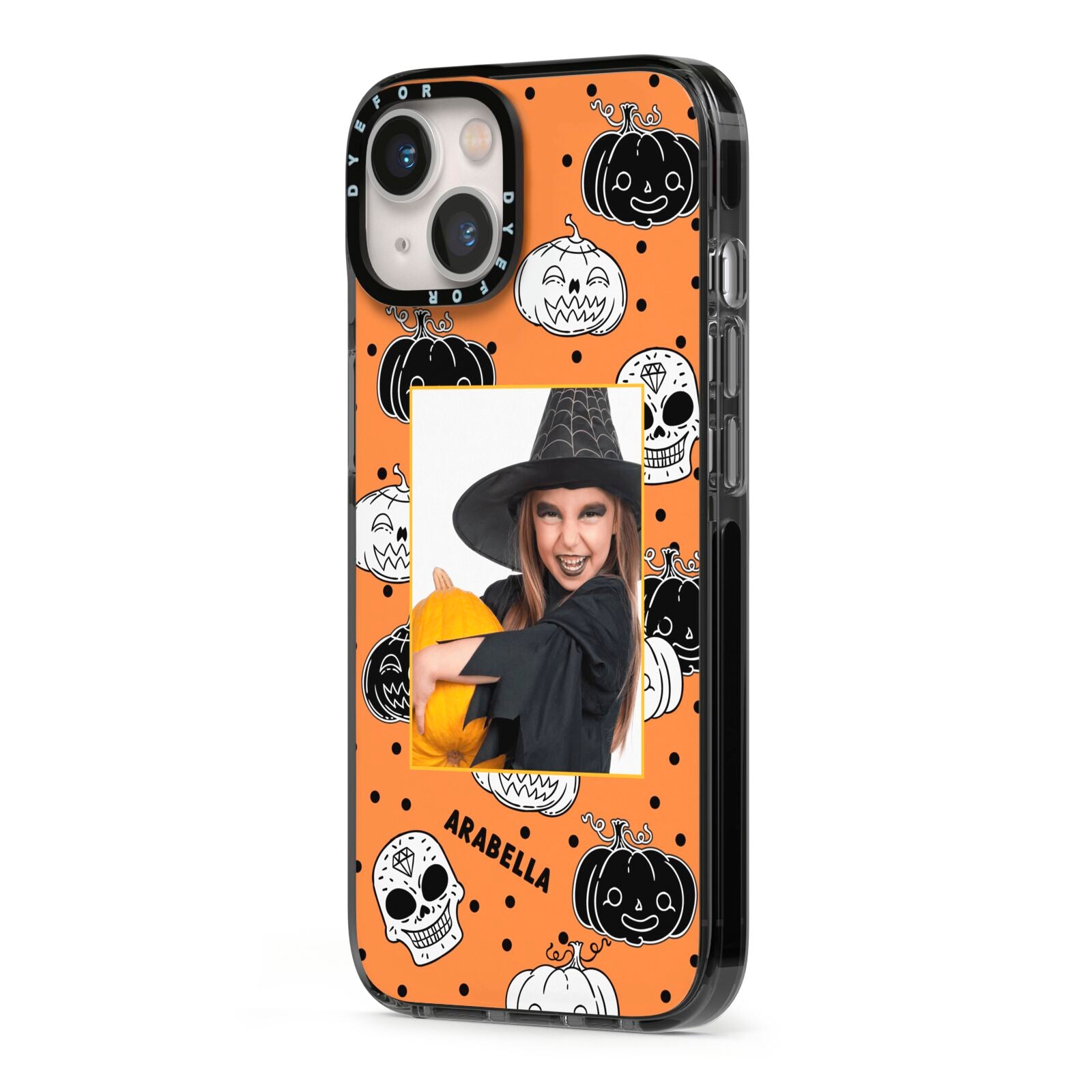 Halloween Pumpkins Photo Upload iPhone 13 Black Impact Case Side Angle on Silver phone
