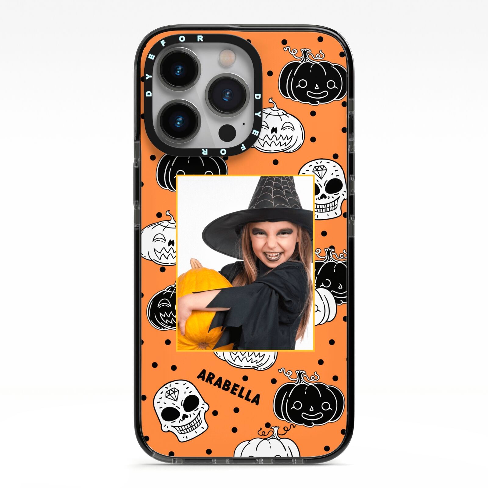 Halloween Pumpkins Photo Upload iPhone 13 Pro Black Impact Case on Silver phone