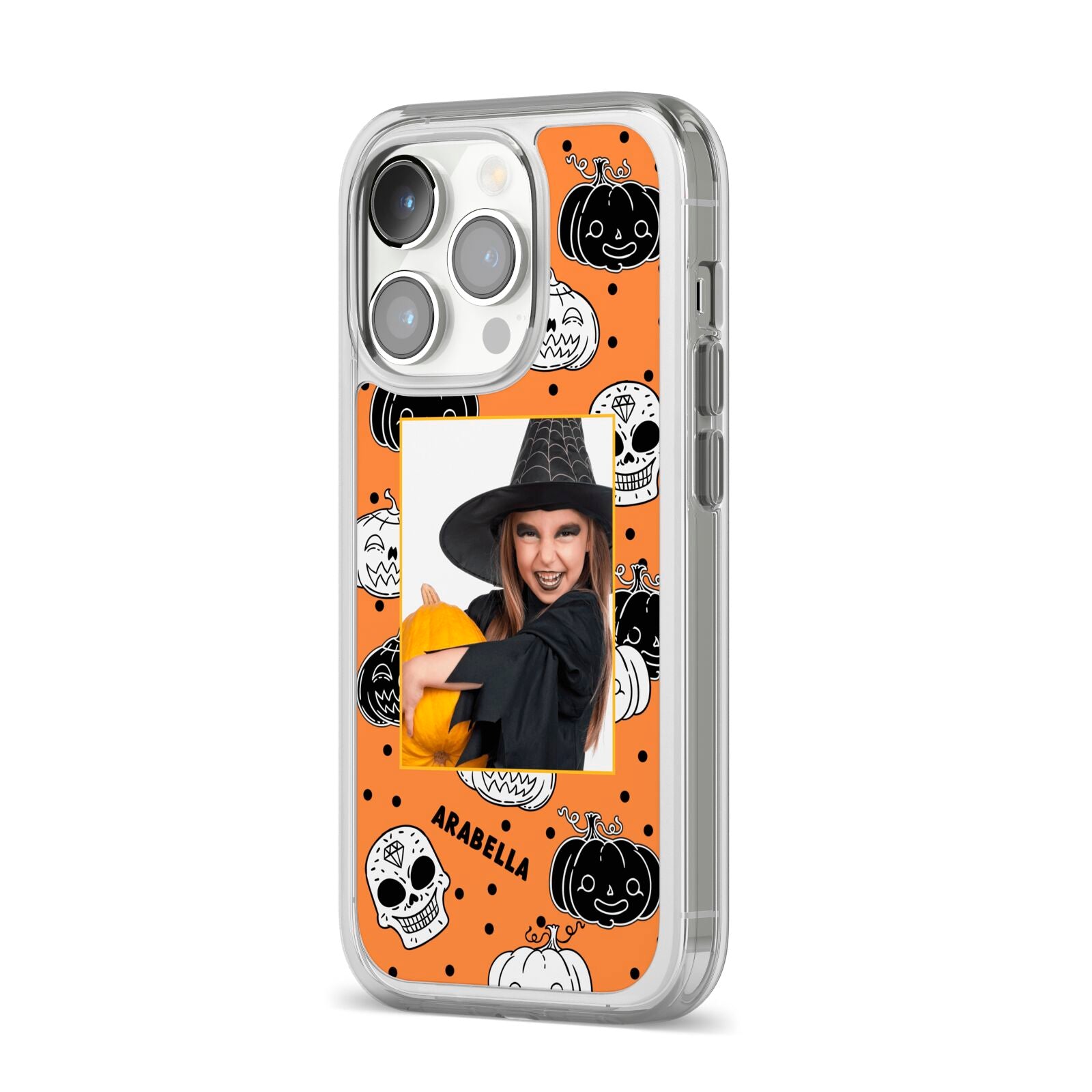 Halloween Pumpkins Photo Upload iPhone 14 Pro Clear Tough Case Silver Angled Image