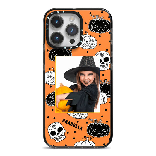 Halloween Pumpkins Photo Upload iPhone 14 Pro Max Black Impact Case on Silver phone
