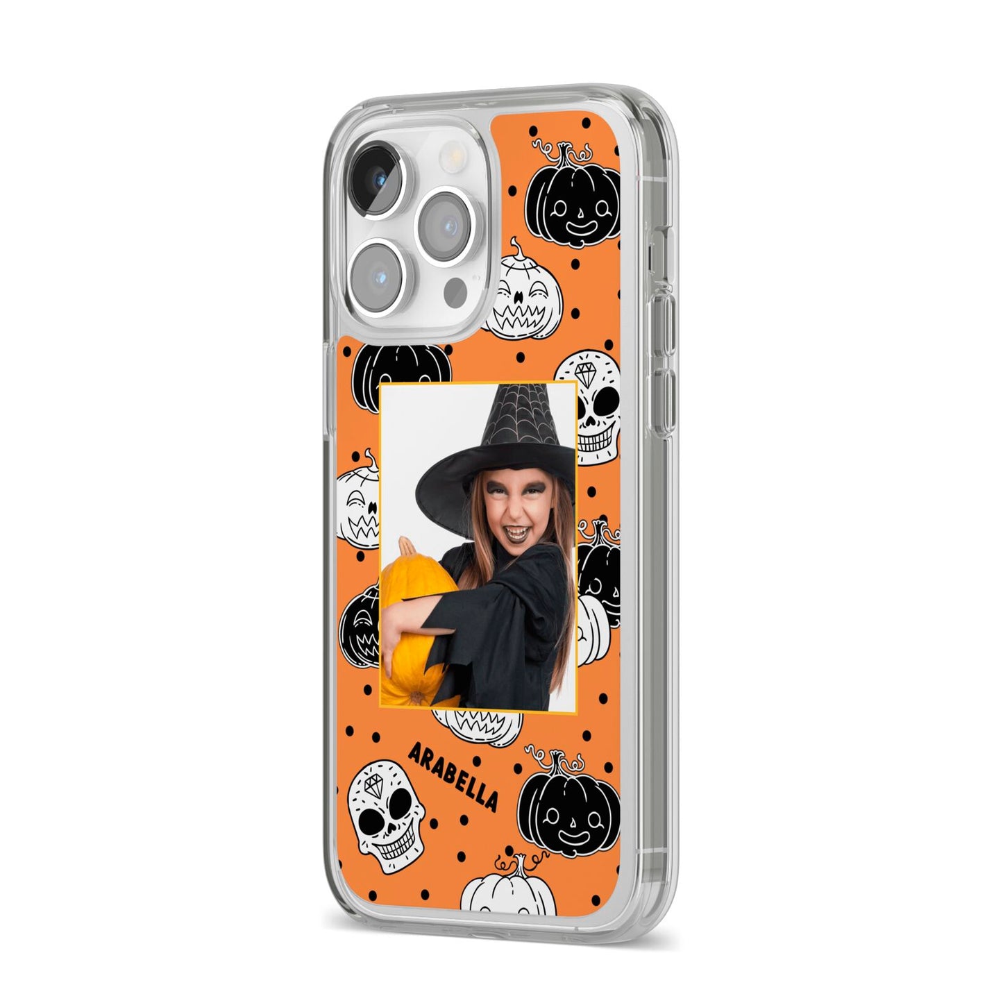 Halloween Pumpkins Photo Upload iPhone 14 Pro Max Clear Tough Case Silver Angled Image