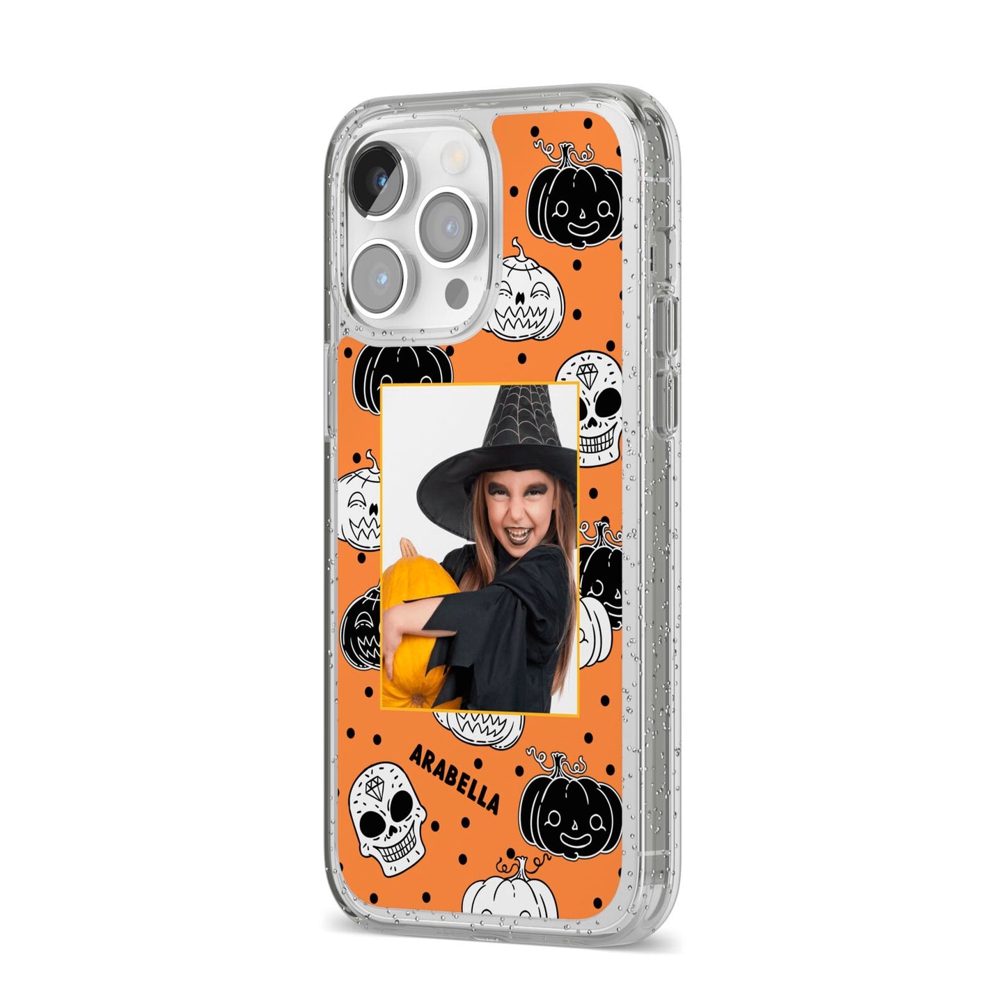 Halloween Pumpkins Photo Upload iPhone 14 Pro Max Glitter Tough Case Silver Angled Image