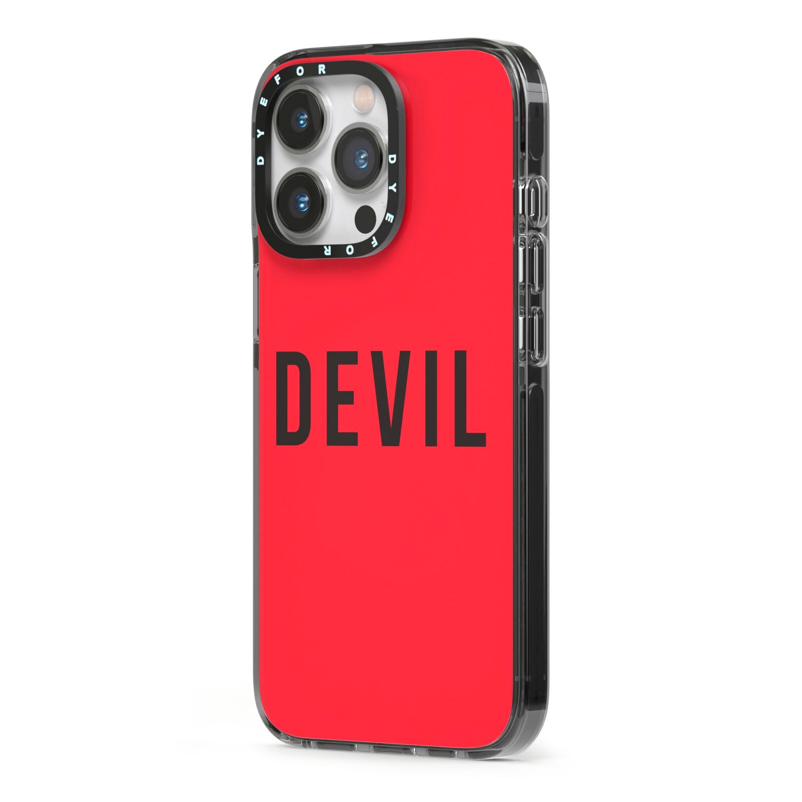Halloween Red Devil iPhone 13 Pro Black Impact Case Side Angle on Silver phone