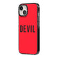 Halloween Red Devil iPhone 14 Black Impact Case Side Angle on Silver phone