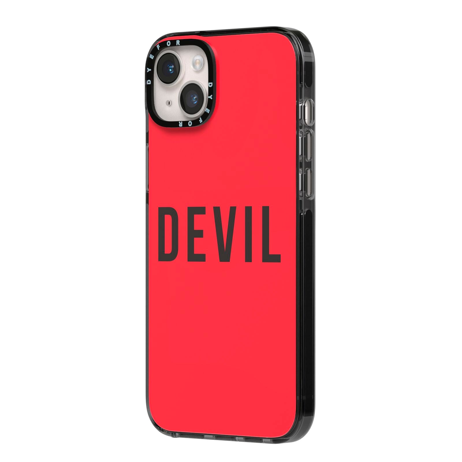 Halloween Red Devil iPhone 14 Plus Black Impact Case Side Angle on Silver phone