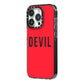 Halloween Red Devil iPhone 14 Pro Black Impact Case Side Angle on Silver phone