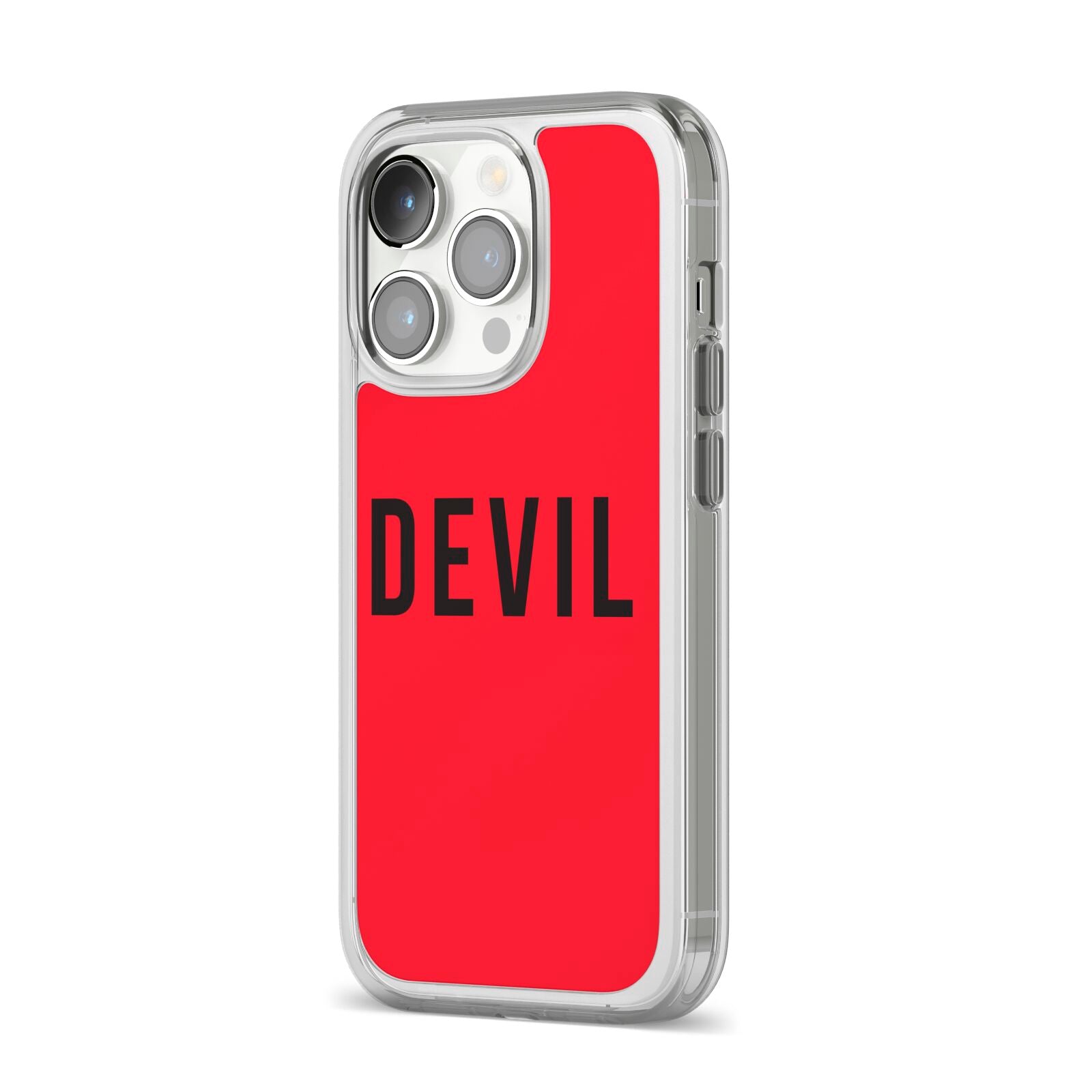 Halloween Red Devil iPhone 14 Pro Clear Tough Case Silver Angled Image