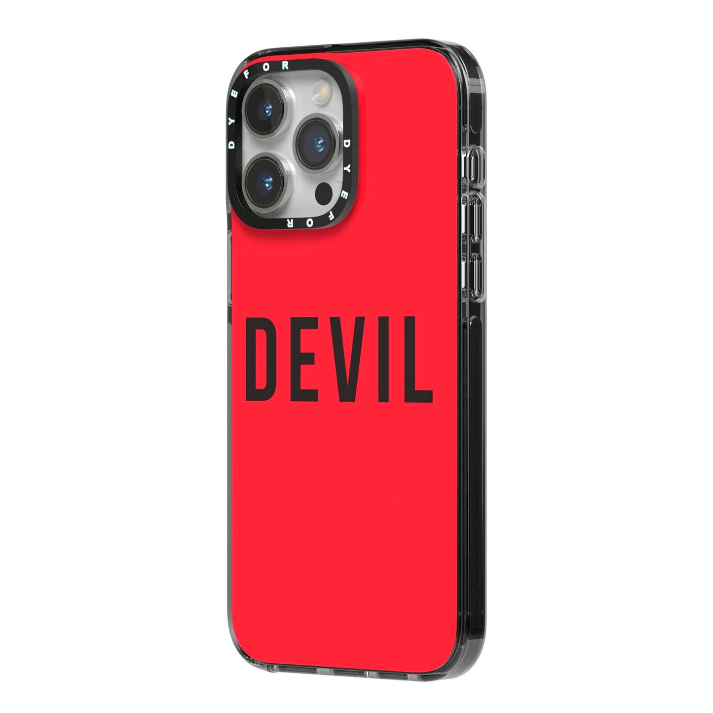 Halloween Red Devil iPhone 14 Pro Max Black Impact Case Side Angle on Silver phone