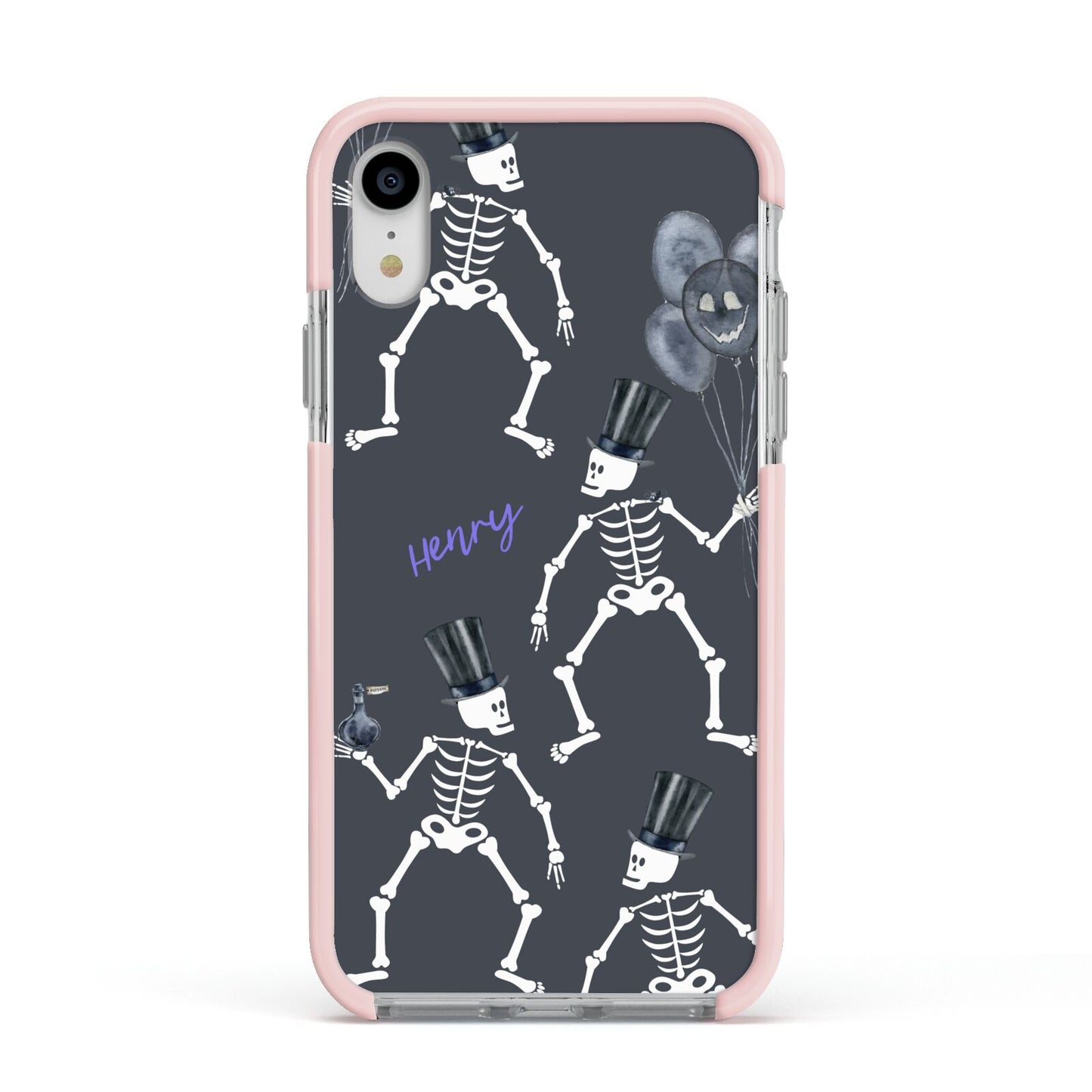 Halloween Skeleton Apple iPhone XR Impact Case Pink Edge on Silver Phone