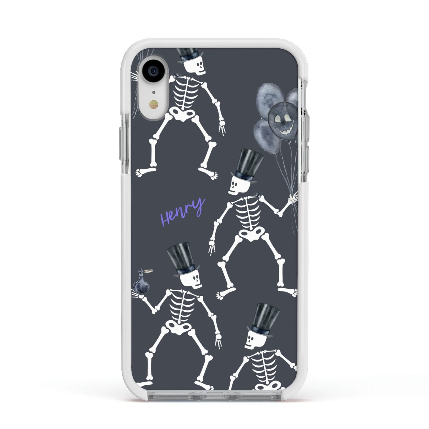 Halloween Skeleton Apple iPhone XR Impact Case White Edge on Silver Phone
