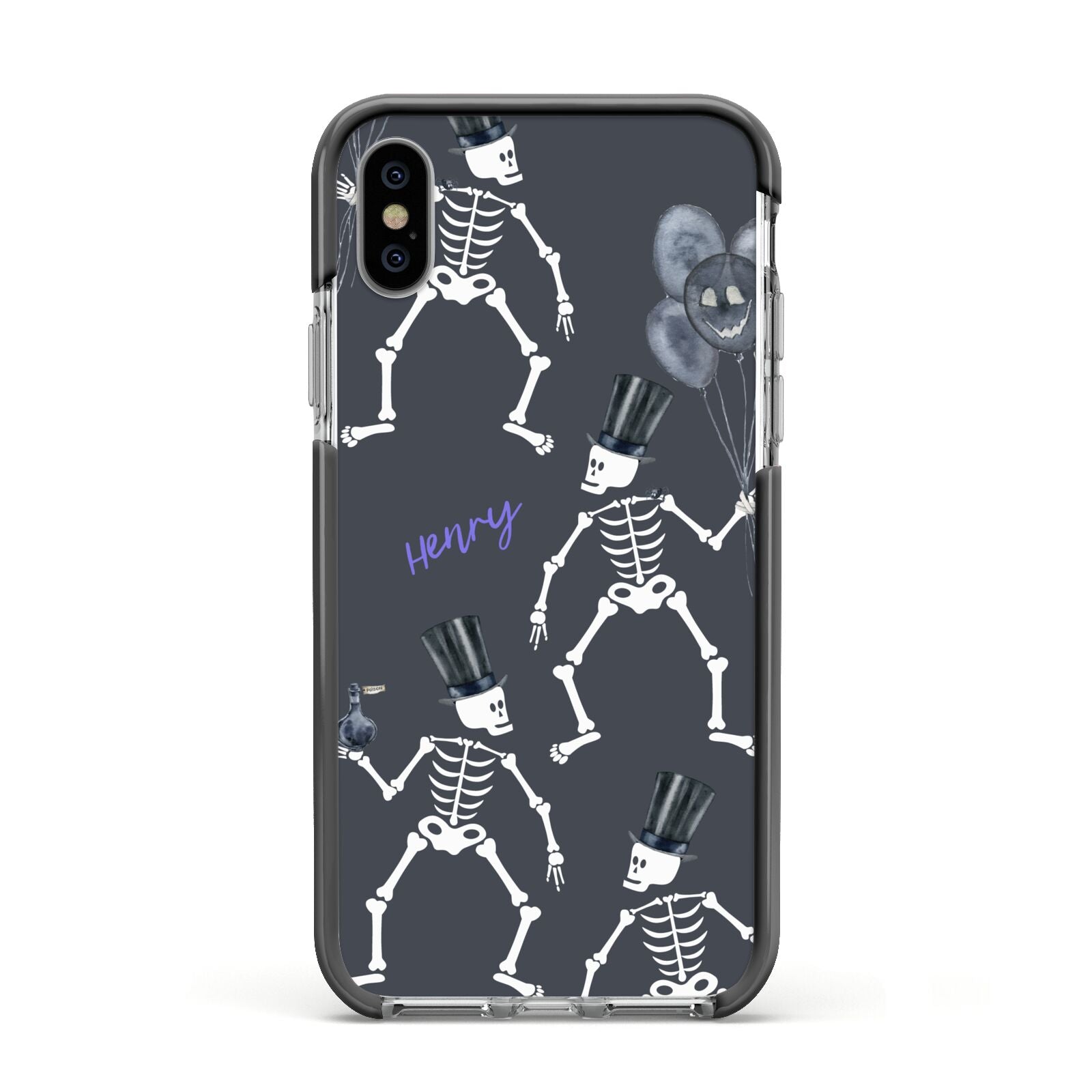 Halloween Skeleton Apple iPhone Xs Impact Case Black Edge on Silver Phone