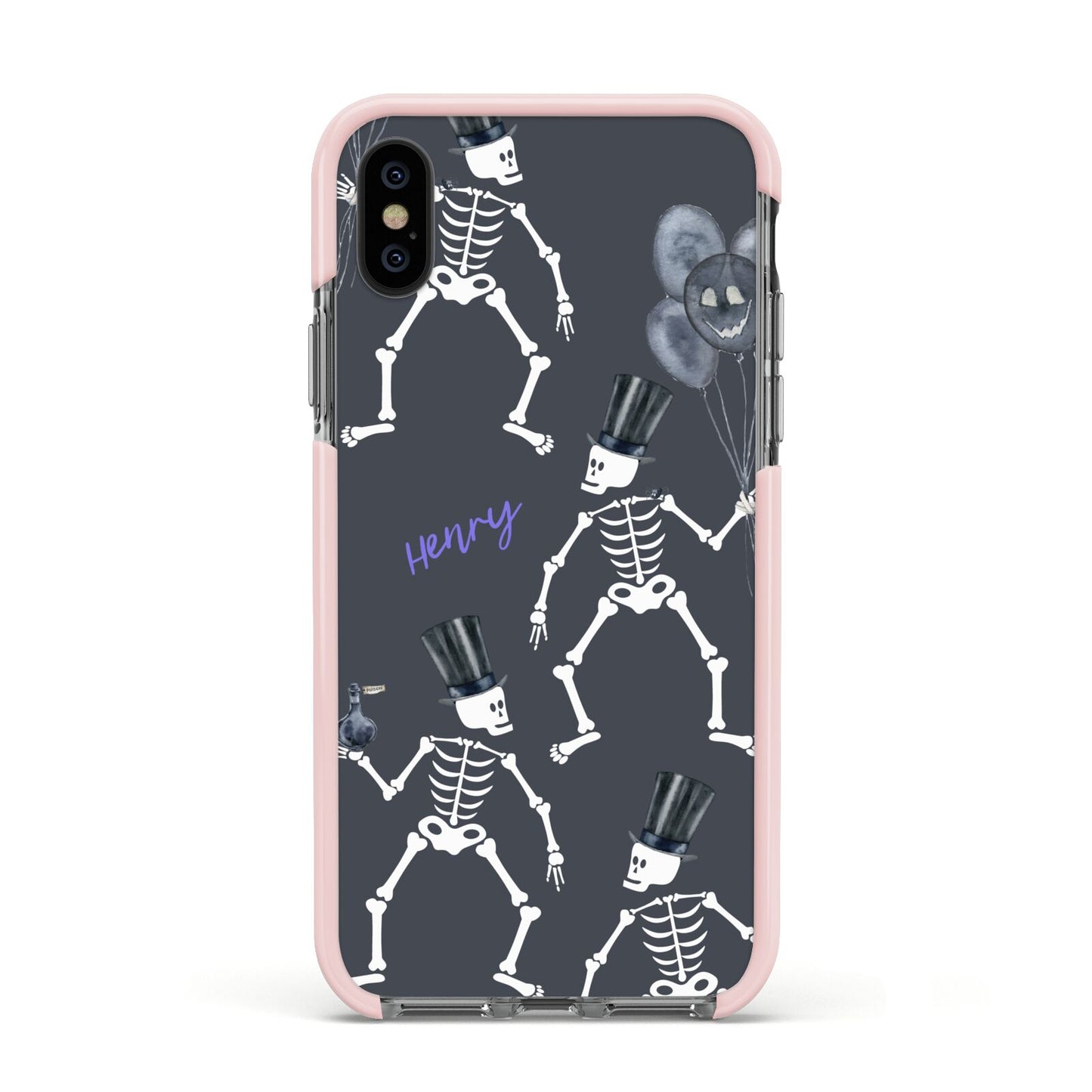 Halloween Skeleton Apple iPhone Xs Impact Case Pink Edge on Black Phone