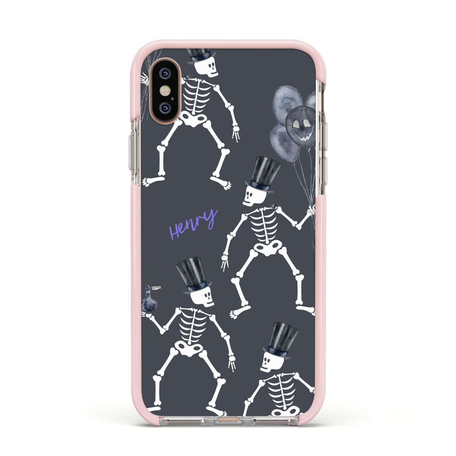 Halloween Skeleton Apple iPhone Xs Impact Case Pink Edge on Gold Phone