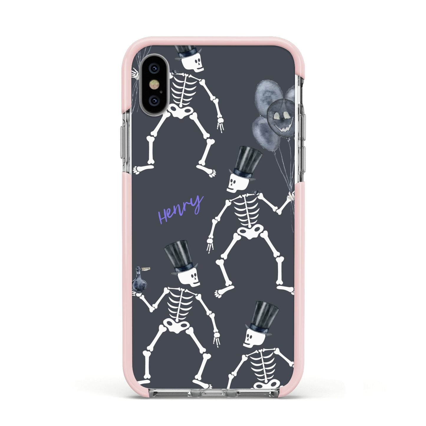 Halloween Skeleton Apple iPhone Xs Impact Case Pink Edge on Silver Phone