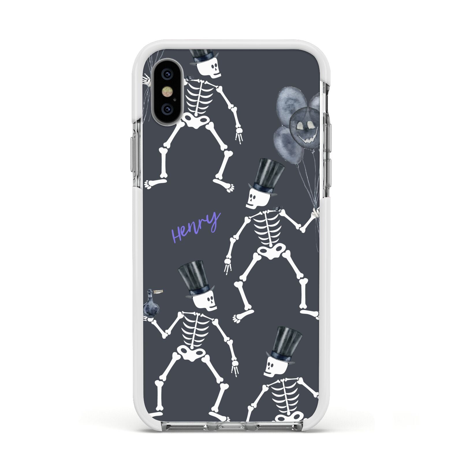 Halloween Skeleton Apple iPhone Xs Impact Case White Edge on Silver Phone