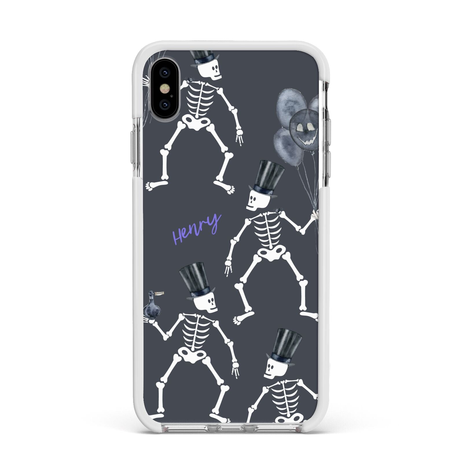 Halloween Skeleton Apple iPhone Xs Max Impact Case White Edge on Silver Phone