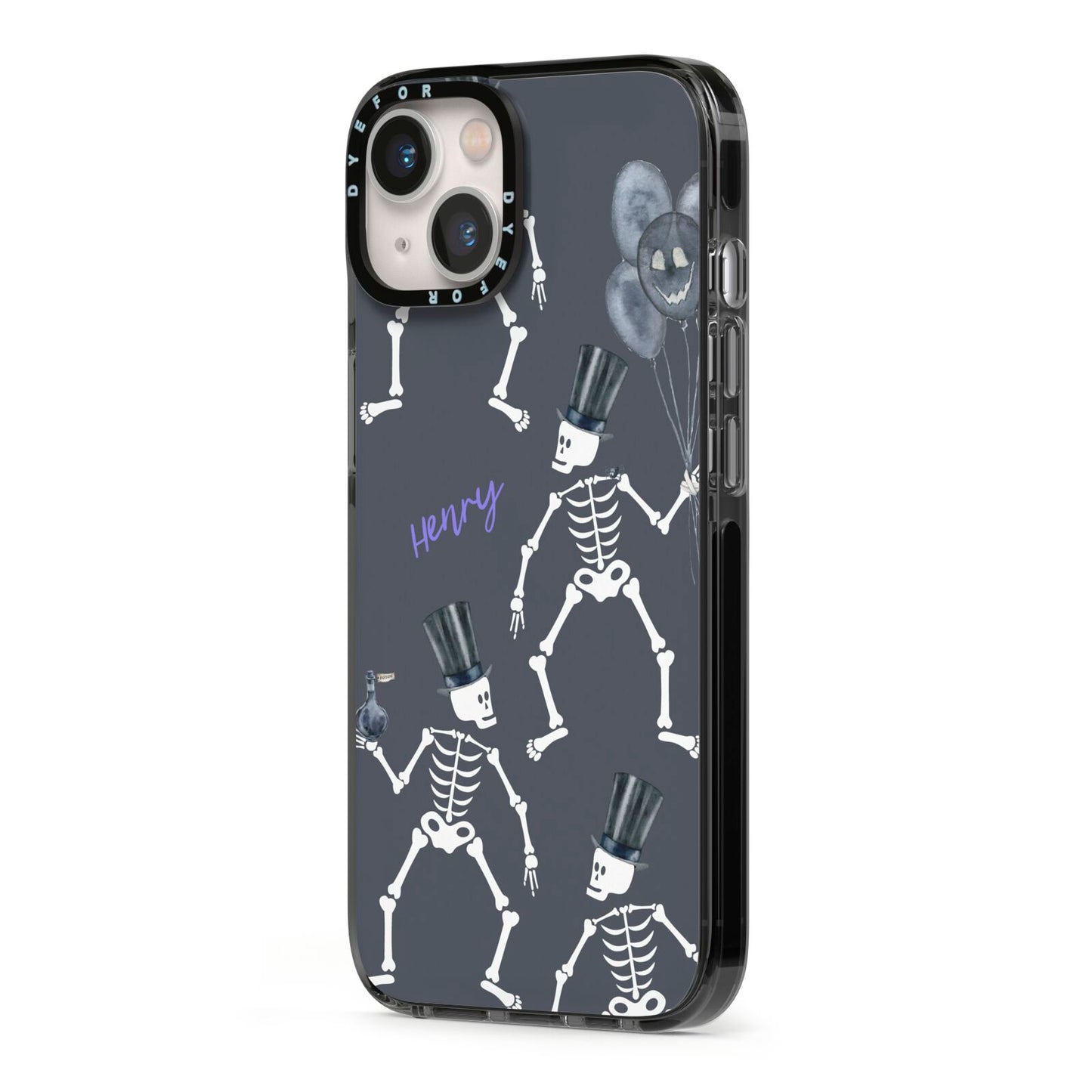 Halloween Skeleton iPhone 13 Black Impact Case Side Angle on Silver phone