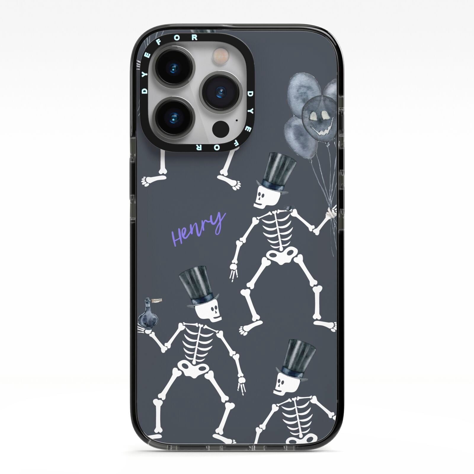 Halloween Skeleton iPhone 13 Pro Black Impact Case on Silver phone