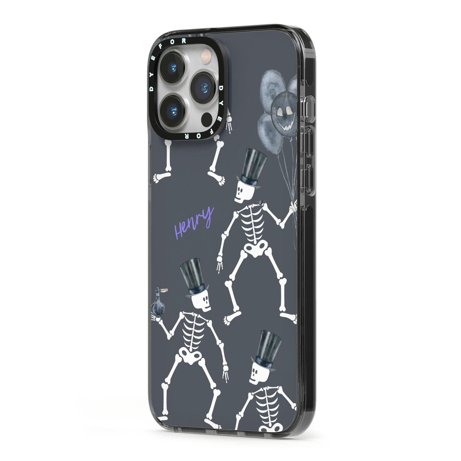 Halloween Skeleton iPhone 13 Pro Max Black Impact Case Side Angle on Silver phone