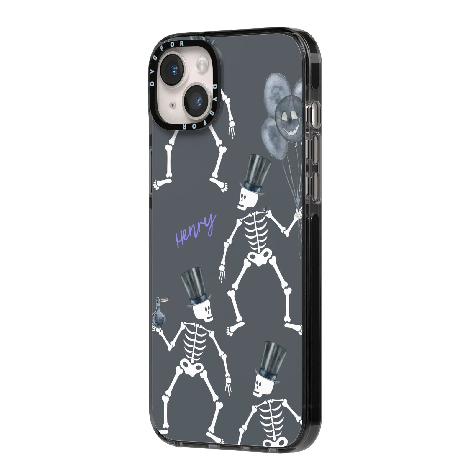 Halloween Skeleton iPhone 14 Plus Black Impact Case Side Angle on Silver phone