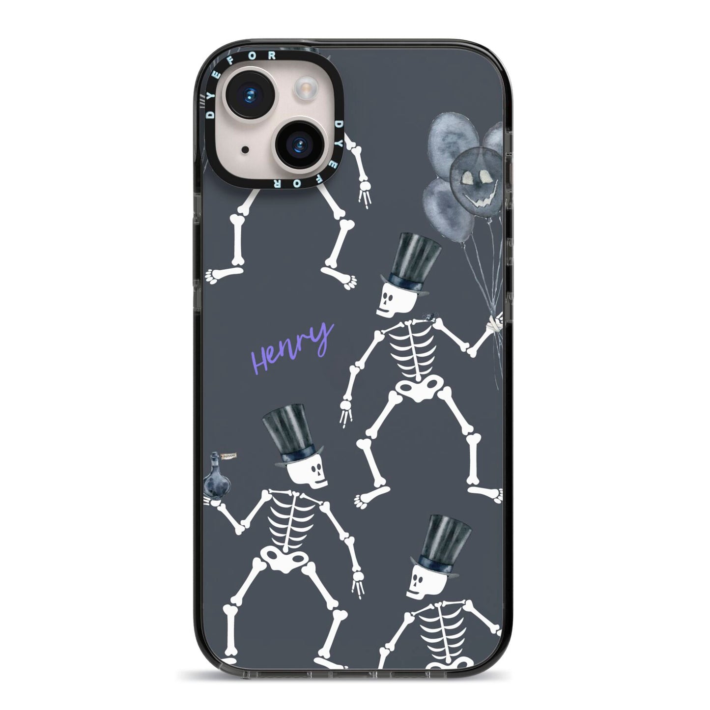 Halloween Skeleton iPhone 14 Plus Black Impact Case on Silver phone