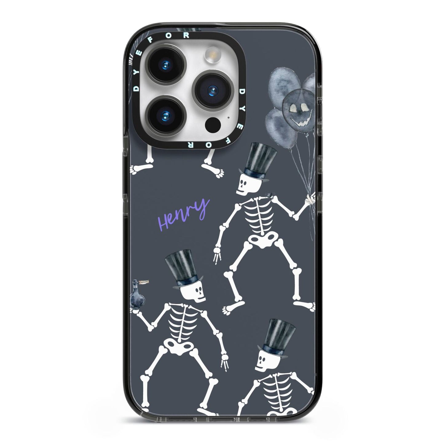Halloween Skeleton iPhone 14 Pro Black Impact Case on Silver phone