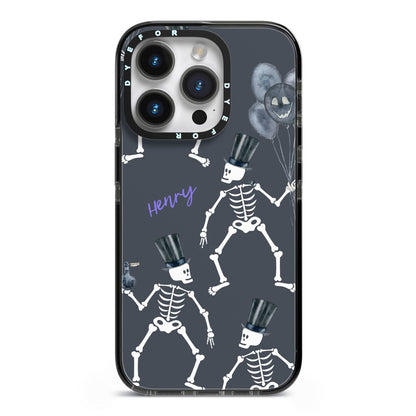 Halloween Skeleton iPhone 14 Pro Black Impact Case on Silver phone