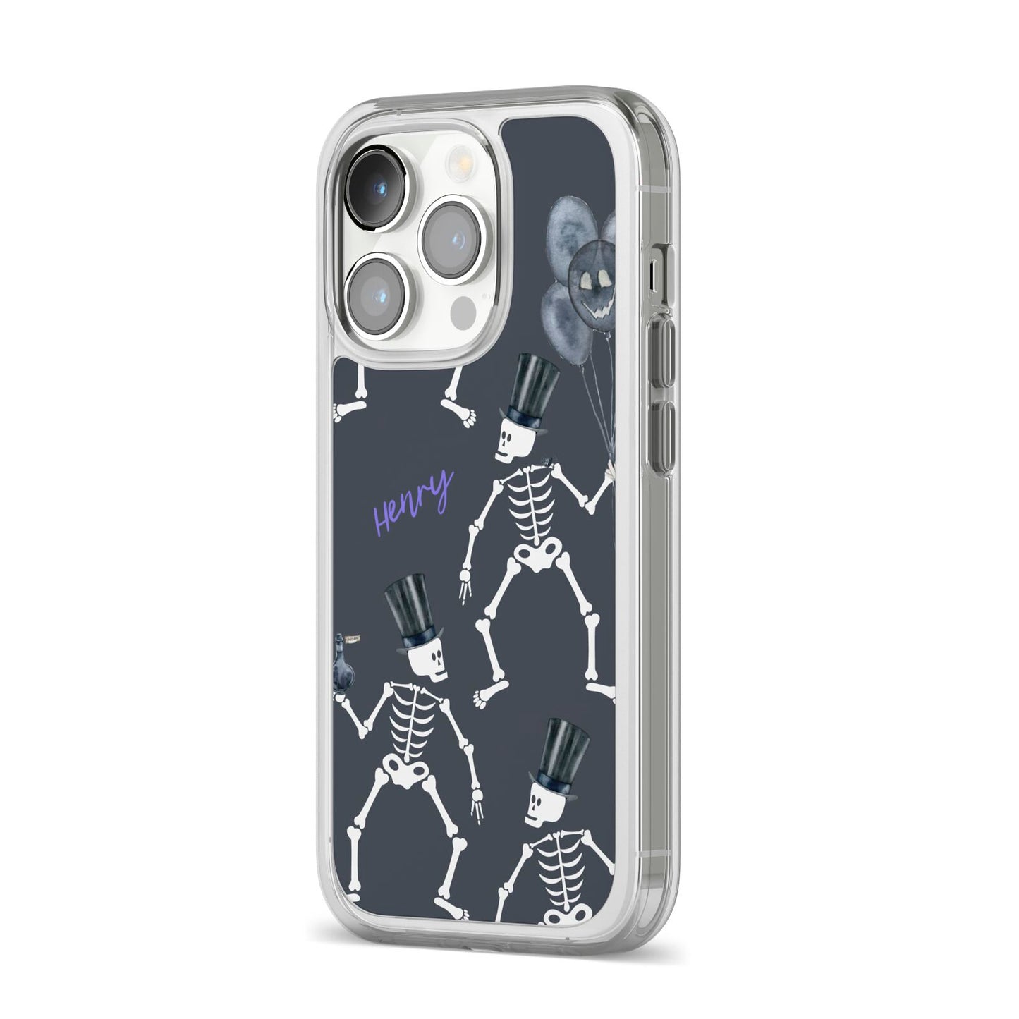 Halloween Skeleton iPhone 14 Pro Clear Tough Case Silver Angled Image