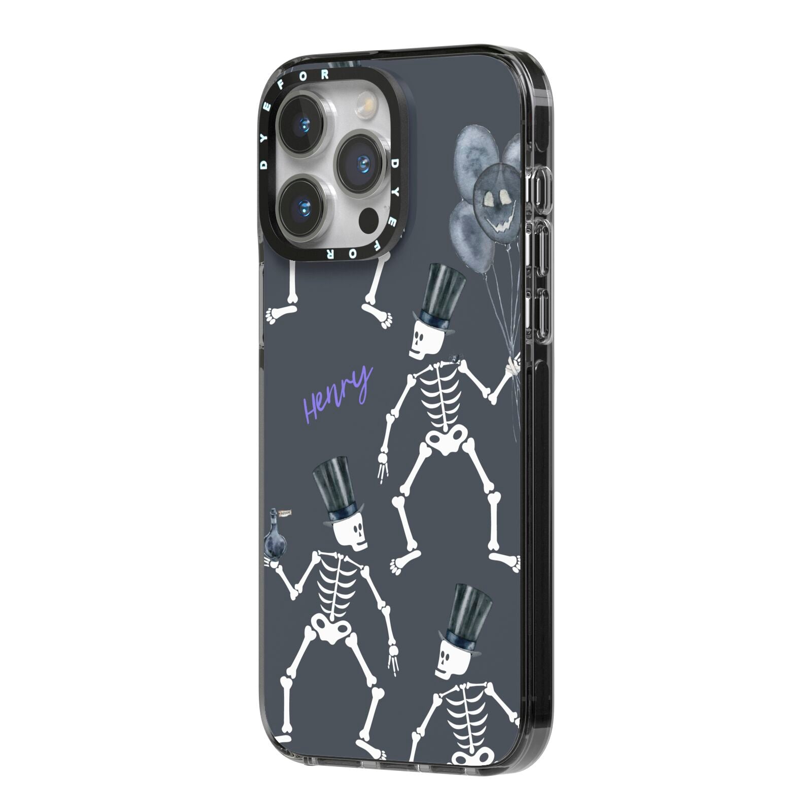 Halloween Skeleton iPhone 14 Pro Max Black Impact Case Side Angle on Silver phone