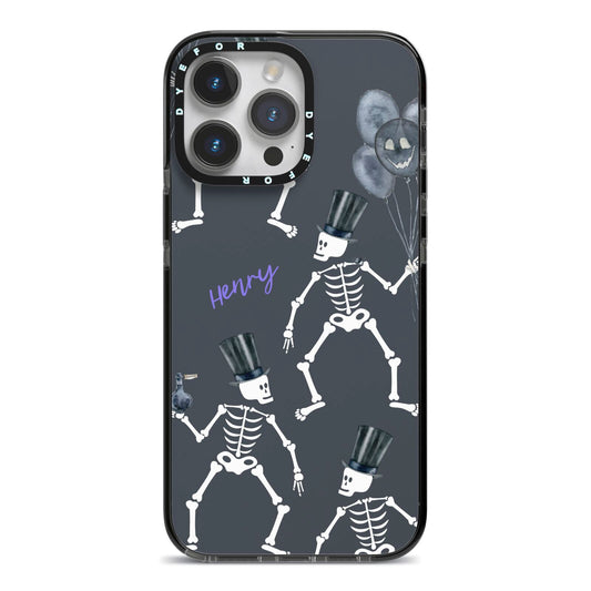 Halloween Skeleton iPhone 14 Pro Max Black Impact Case on Silver phone
