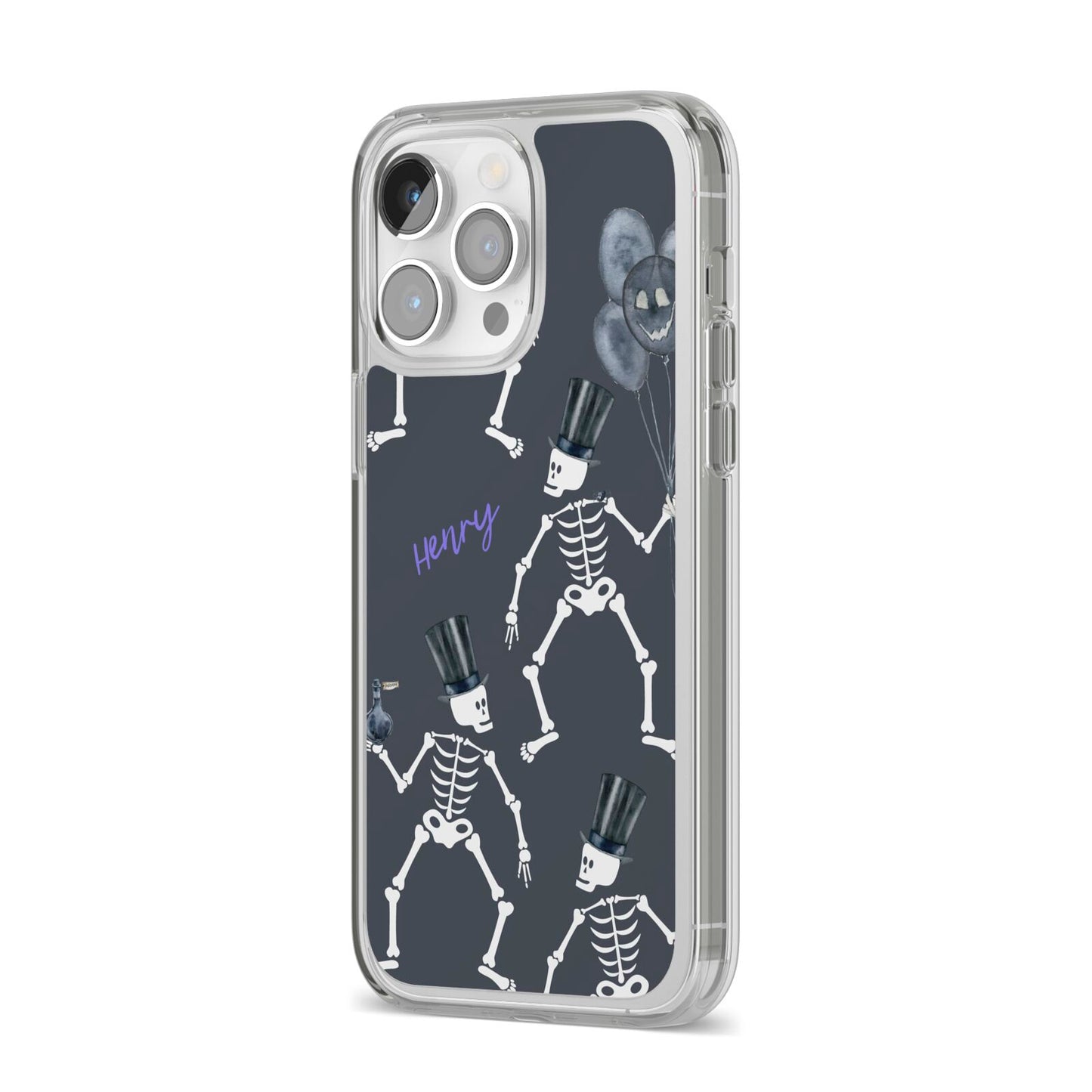 Halloween Skeleton iPhone 14 Pro Max Clear Tough Case Silver Angled Image