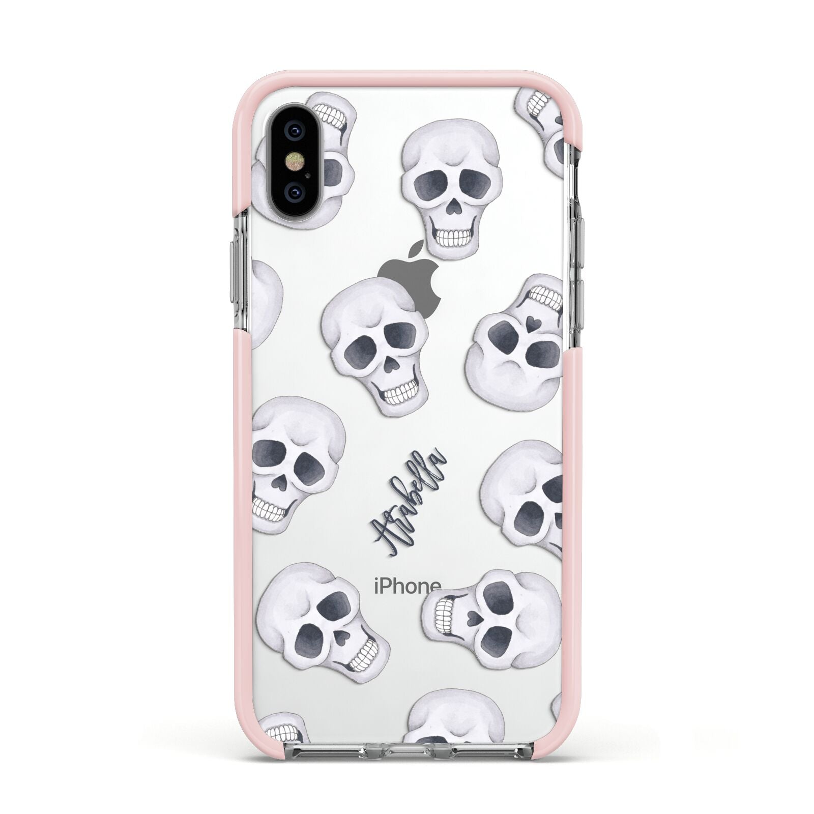 Halloween Skulls Apple iPhone Xs Impact Case Pink Edge on Silver Phone