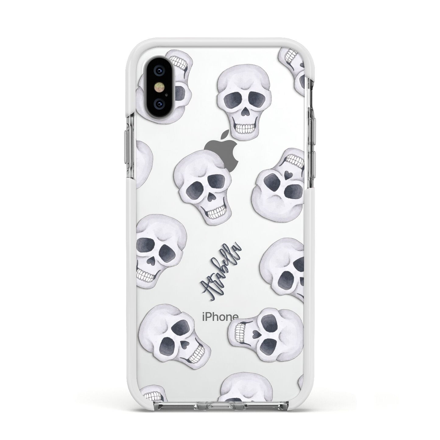 Halloween Skulls Apple iPhone Xs Impact Case White Edge on Silver Phone