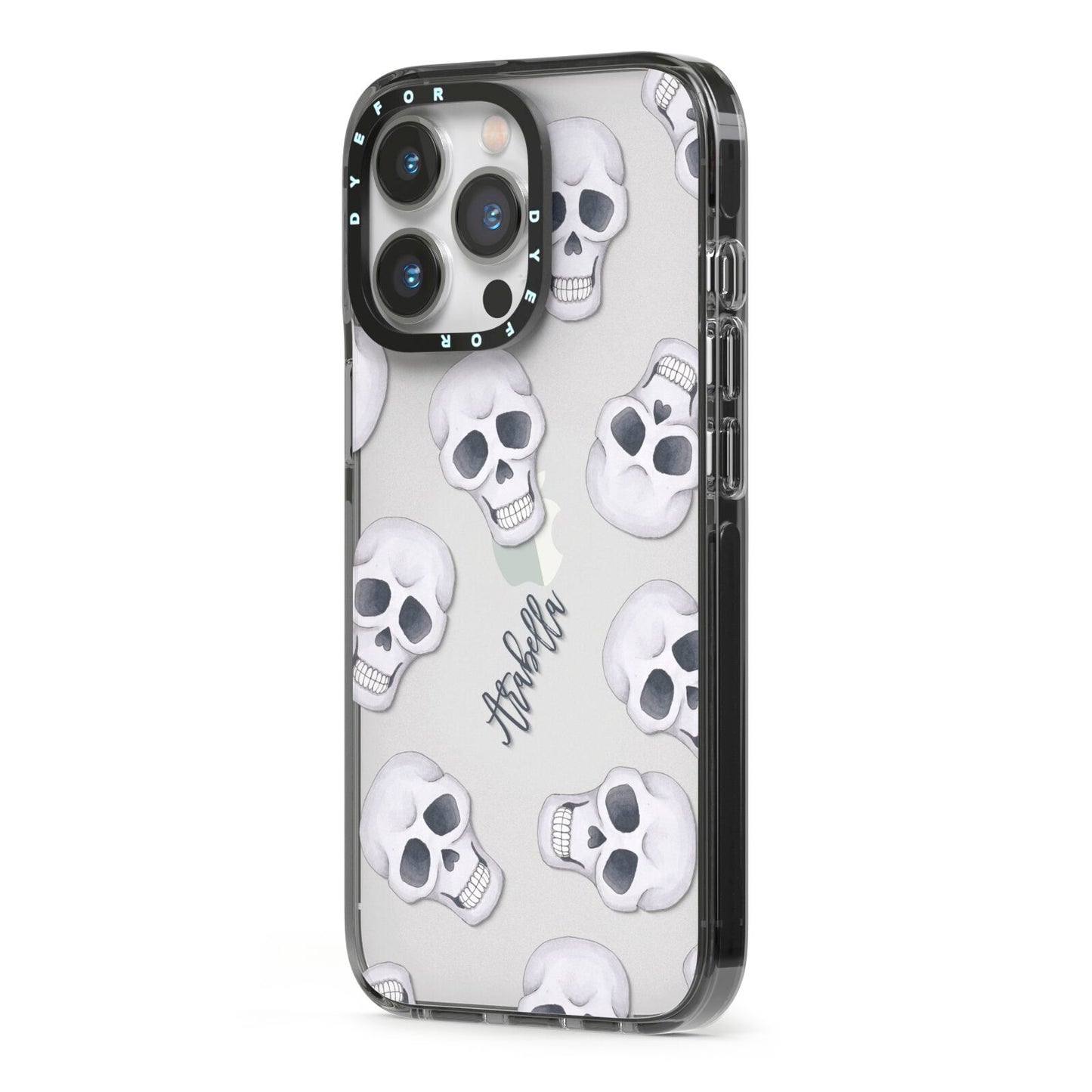 Halloween Skulls iPhone 13 Pro Black Impact Case Side Angle on Silver phone