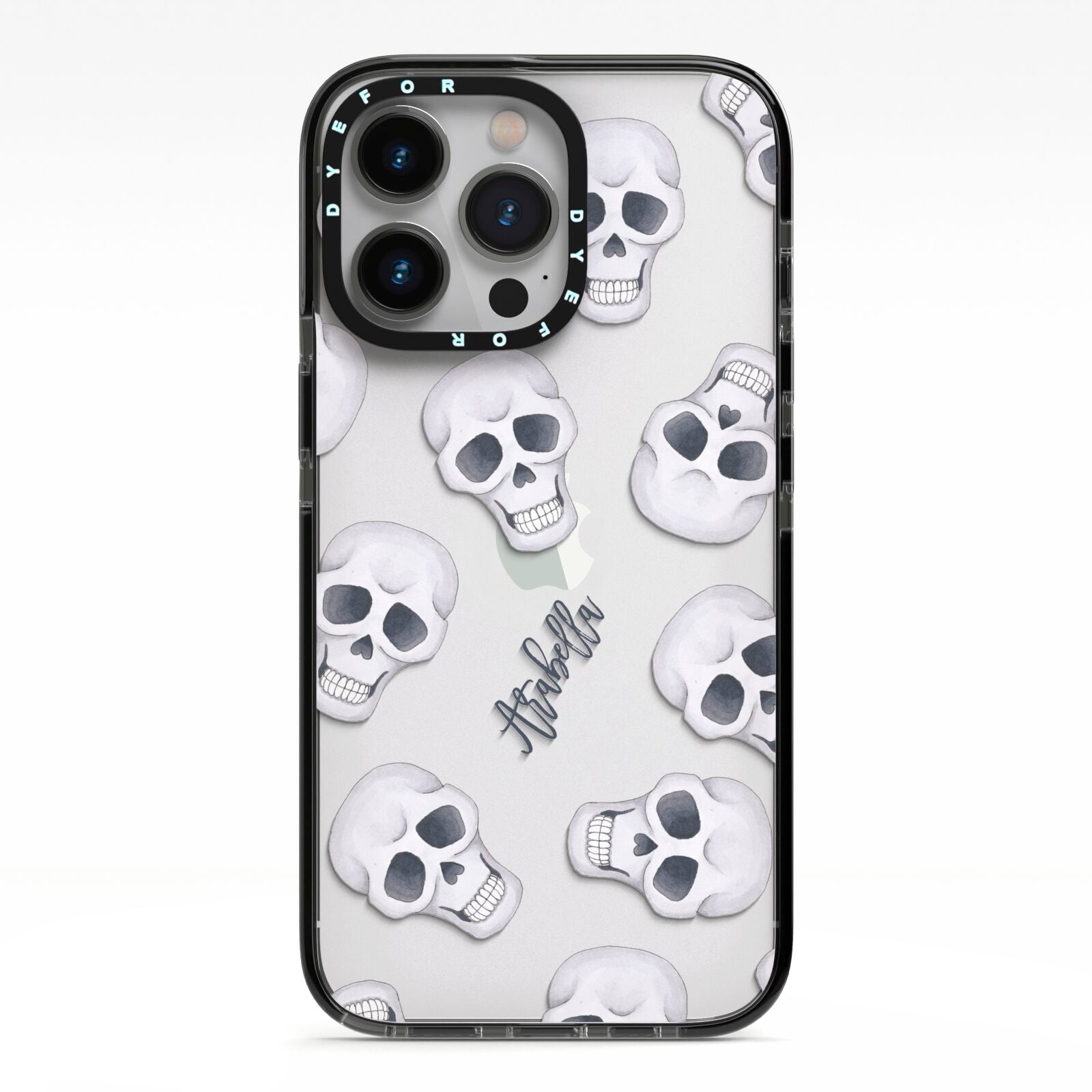 Halloween Skulls iPhone 13 Pro Black Impact Case on Silver phone