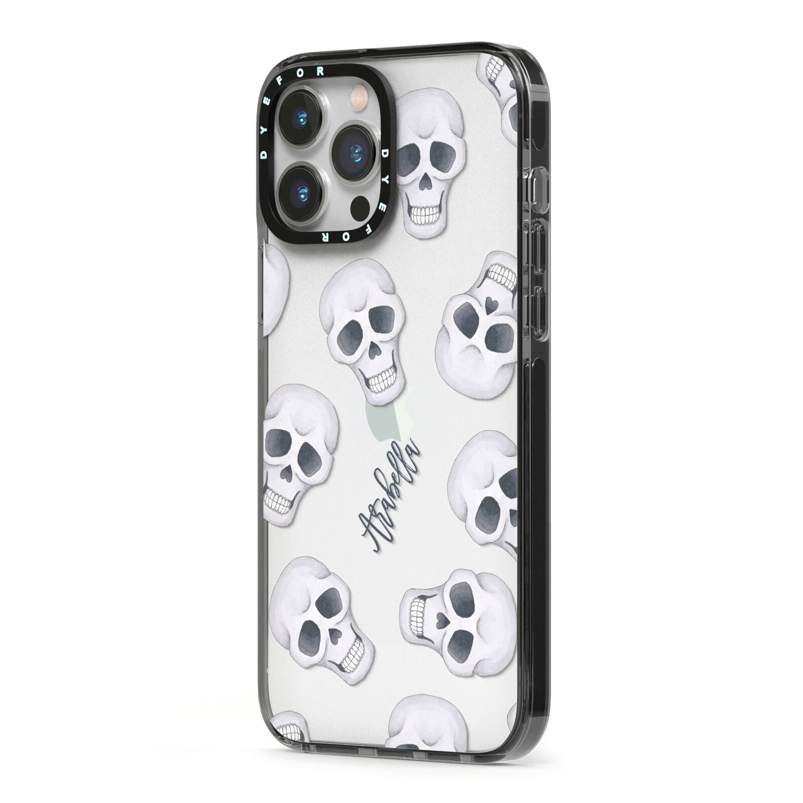 Halloween Skulls iPhone 13 Pro Max Black Impact Case Side Angle on Silver phone