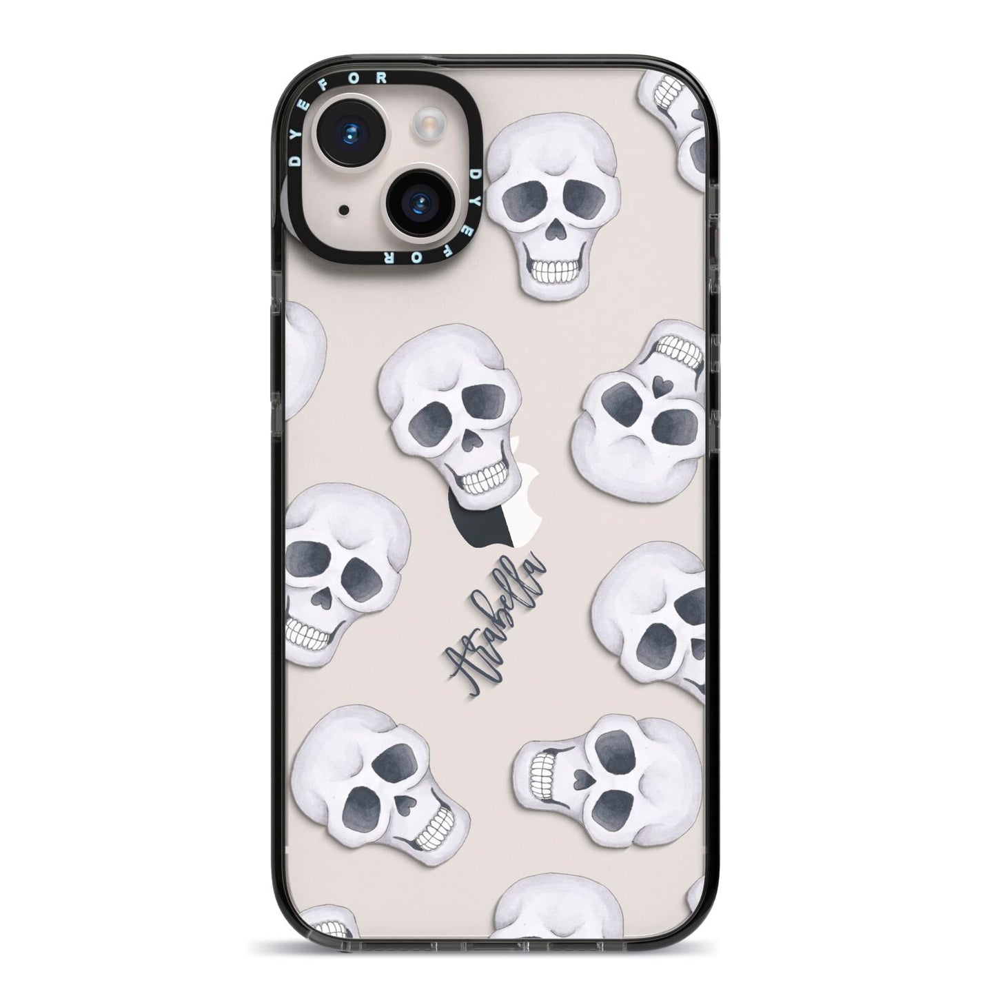 Halloween Skulls iPhone 14 Plus Black Impact Case on Silver phone
