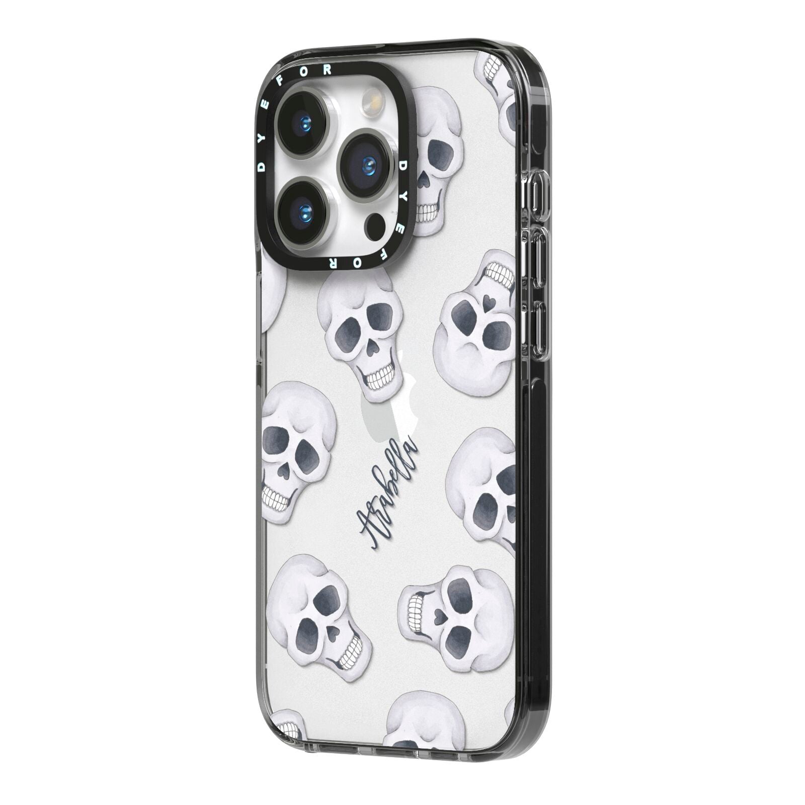 Halloween Skulls iPhone 14 Pro Black Impact Case Side Angle on Silver phone
