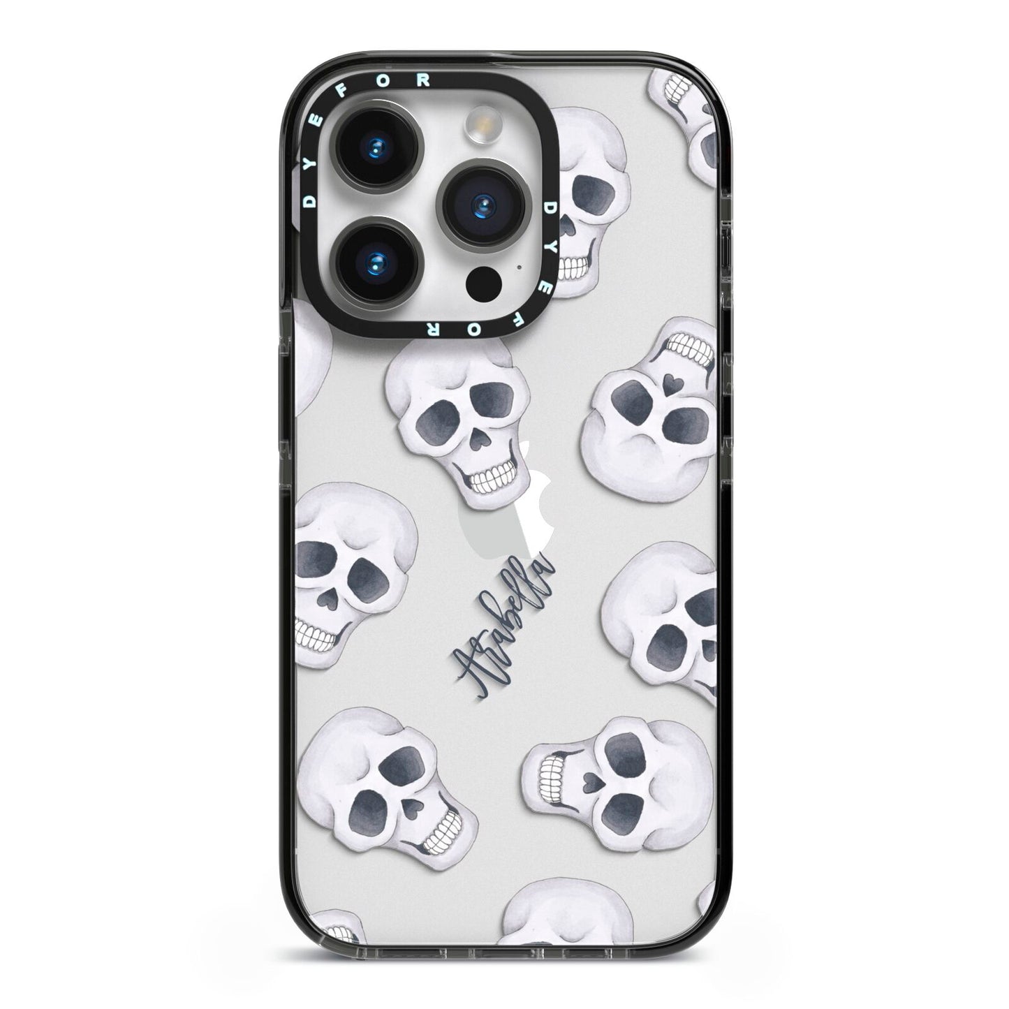 Halloween Skulls iPhone 14 Pro Black Impact Case on Silver phone