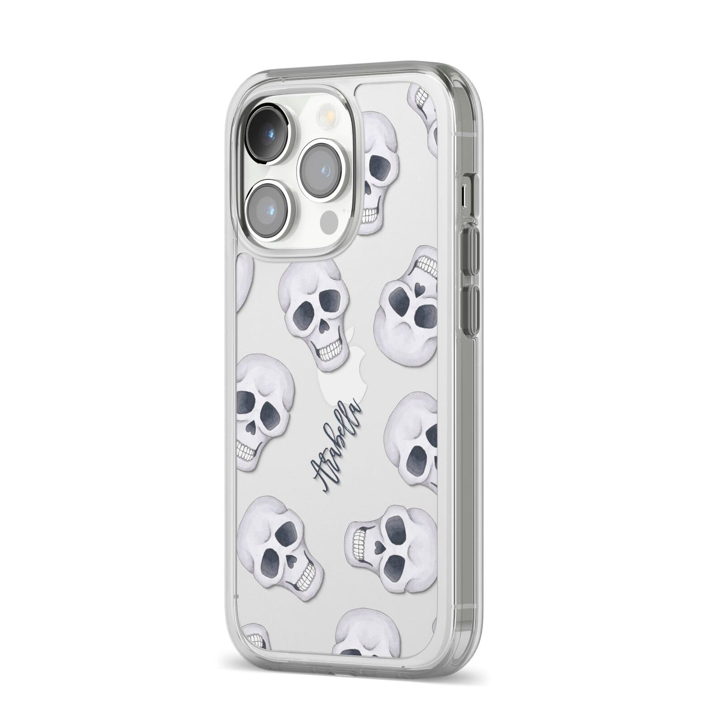 Halloween Skulls iPhone 14 Pro Clear Tough Case Silver Angled Image