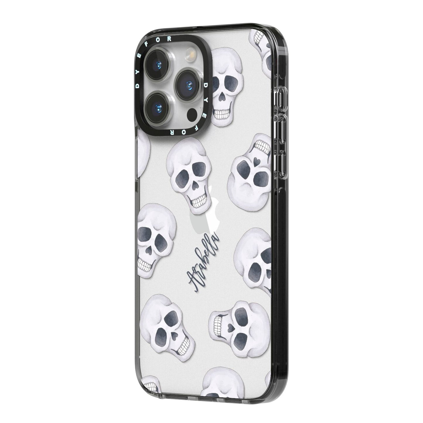 Halloween Skulls iPhone 14 Pro Max Black Impact Case Side Angle on Silver phone