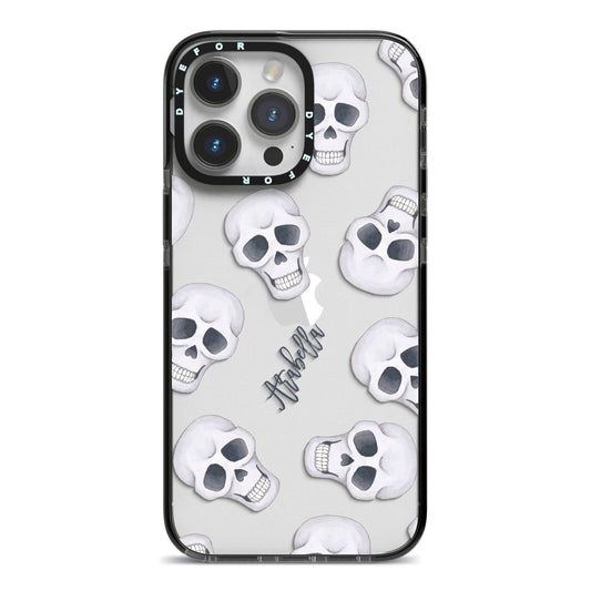 Halloween Skulls iPhone 14 Pro Max Black Impact Case on Silver phone