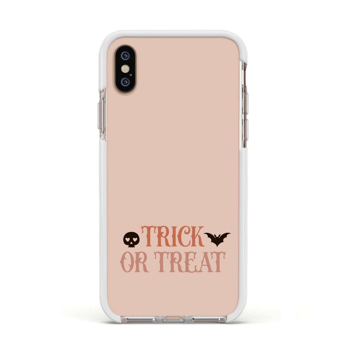 Halloween Trick or Treat Apple iPhone Xs Impact Case White Edge on Gold Phone
