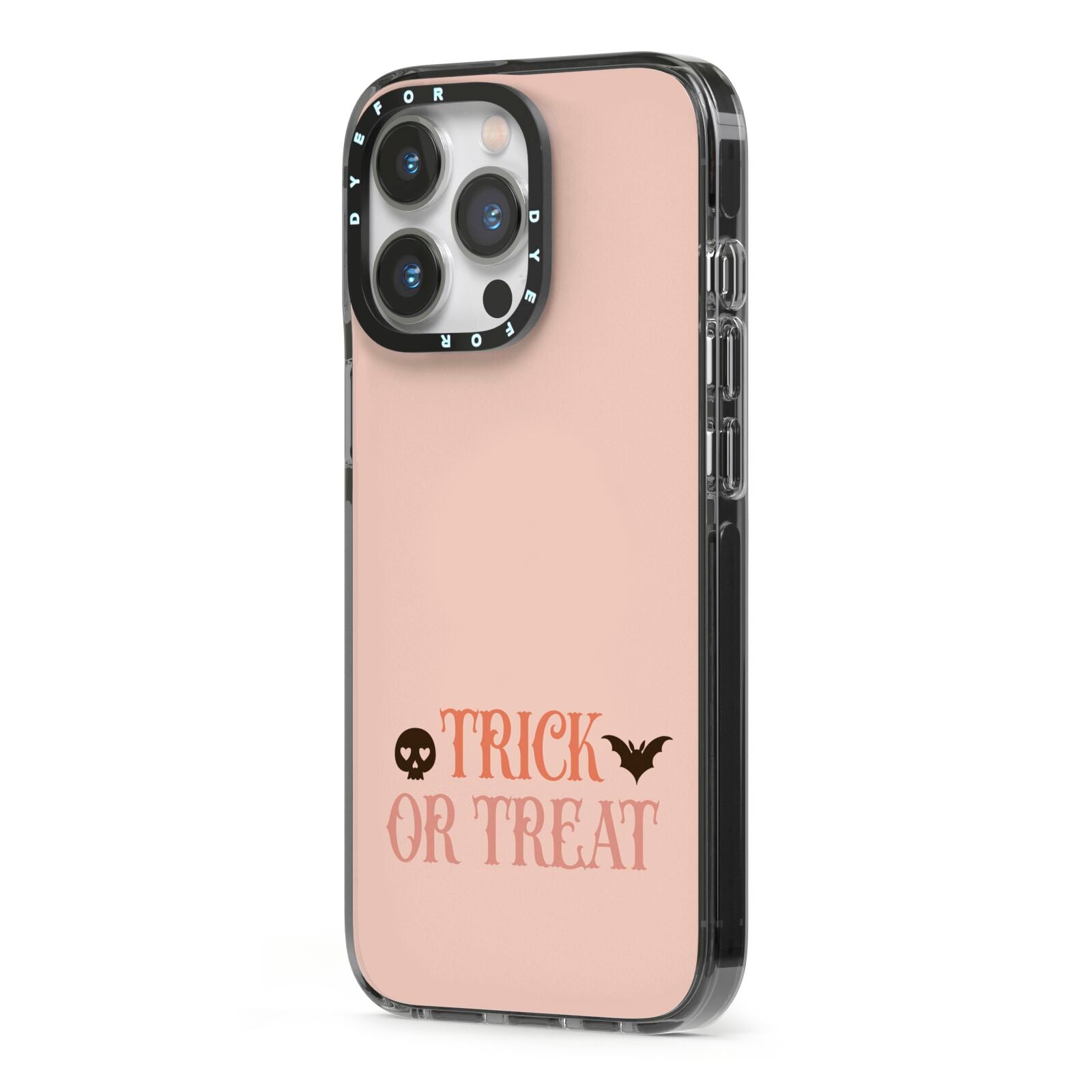 Halloween Trick or Treat iPhone 13 Pro Black Impact Case Side Angle on Silver phone