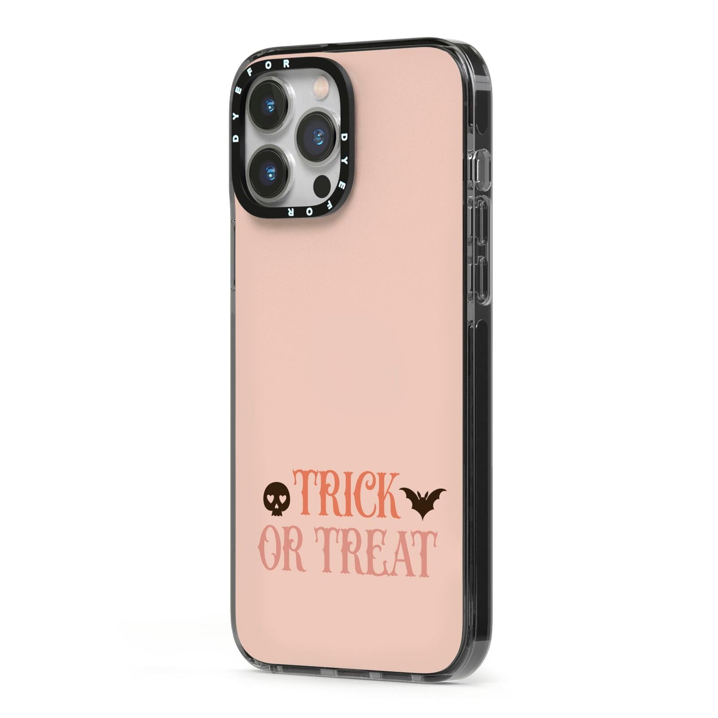 Halloween Trick or Treat iPhone 13 Pro Max Black Impact Case Side Angle on Silver phone