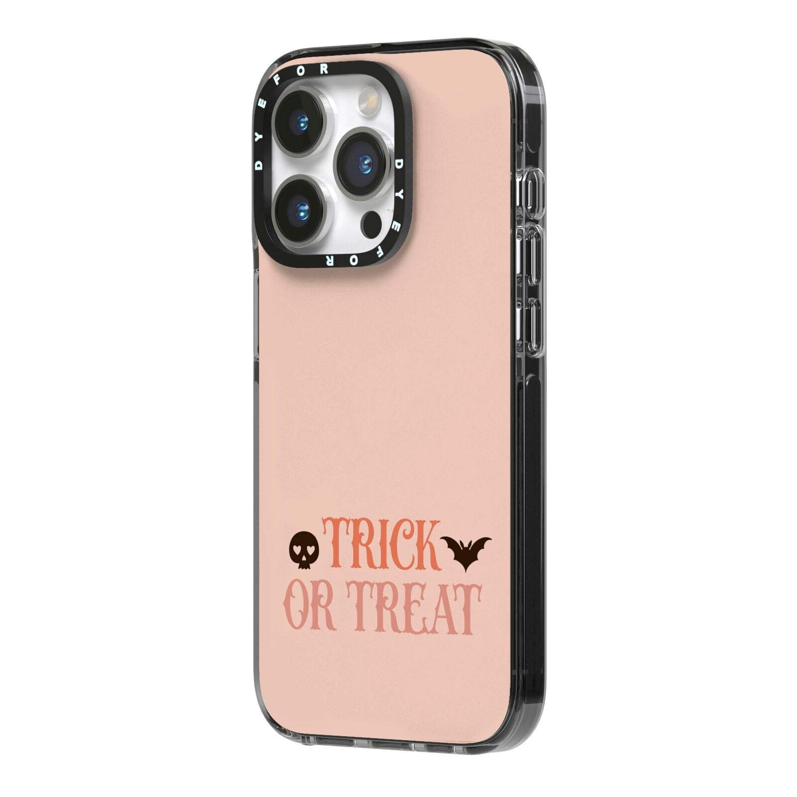 Halloween Trick or Treat iPhone 14 Pro Black Impact Case Side Angle on Silver phone