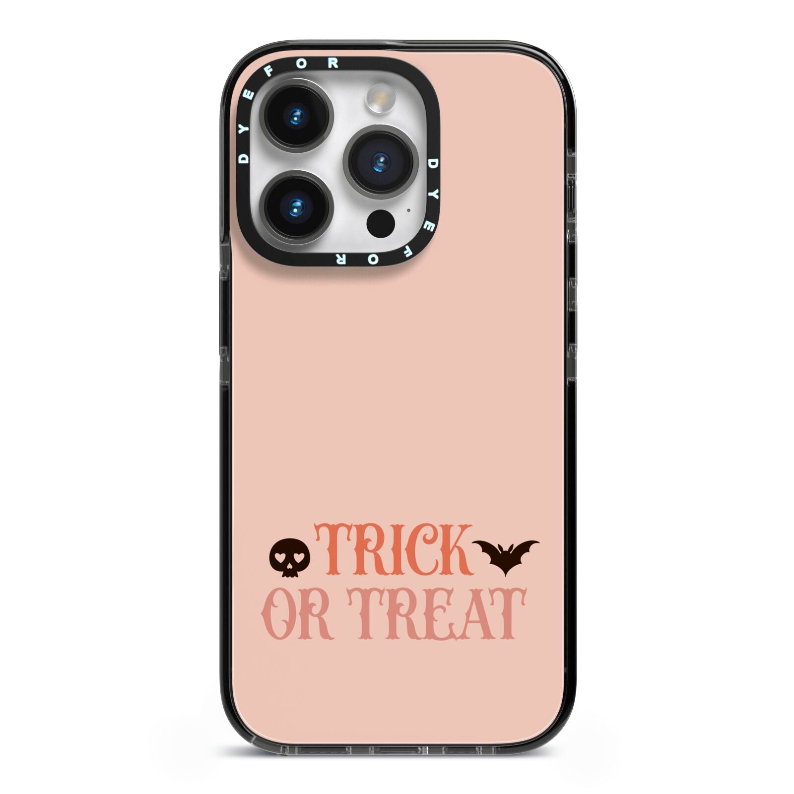 Halloween Trick or Treat iPhone 14 Pro Black Impact Case on Silver phone