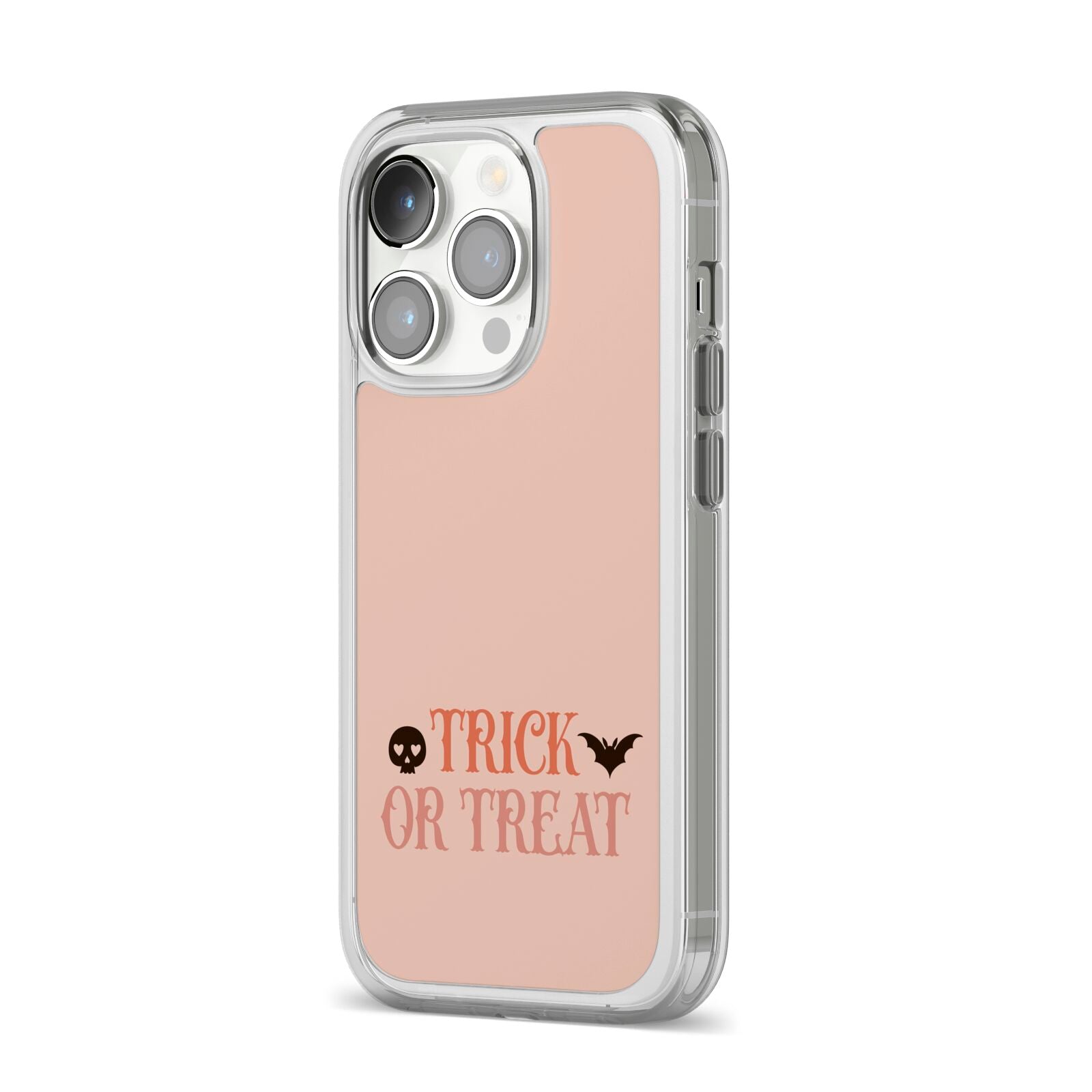 Halloween Trick or Treat iPhone 14 Pro Clear Tough Case Silver Angled Image