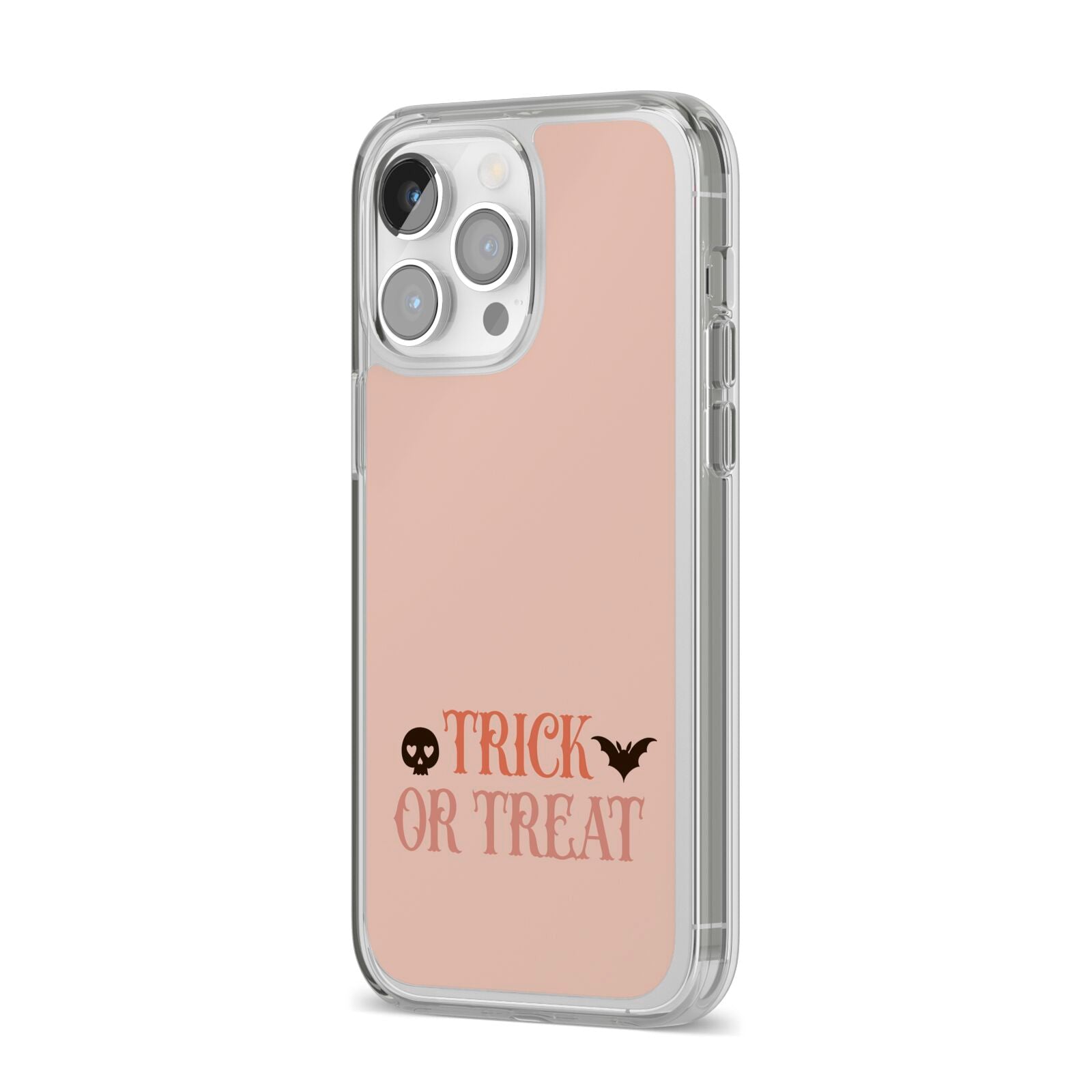 Halloween Trick or Treat iPhone 14 Pro Max Clear Tough Case Silver Angled Image