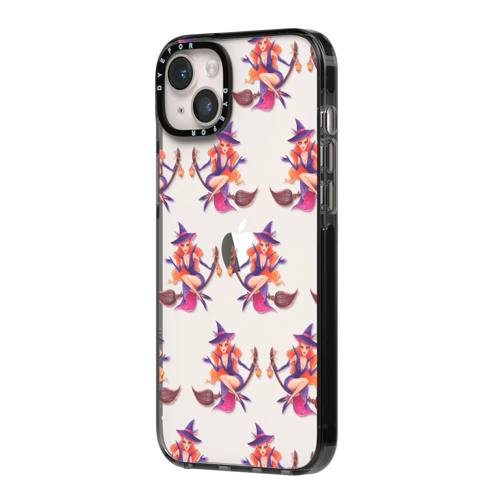 Halloween Witch iPhone 14 Plus Black Impact Case Side Angle on Silver phone